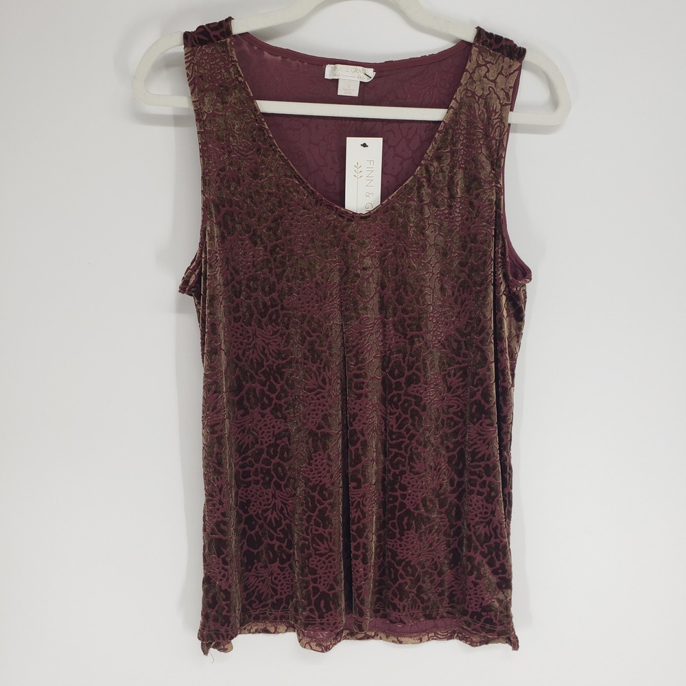 Finn & Grace Burnout Velvet Tank Top Women Size Small Burgundy Floral Sleeveless